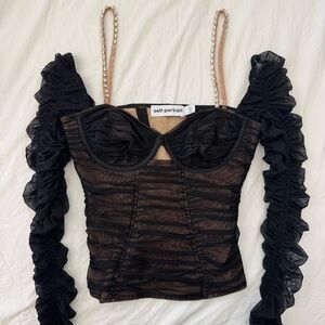 Self-Portrait Black Ruched Ruffled Blouse